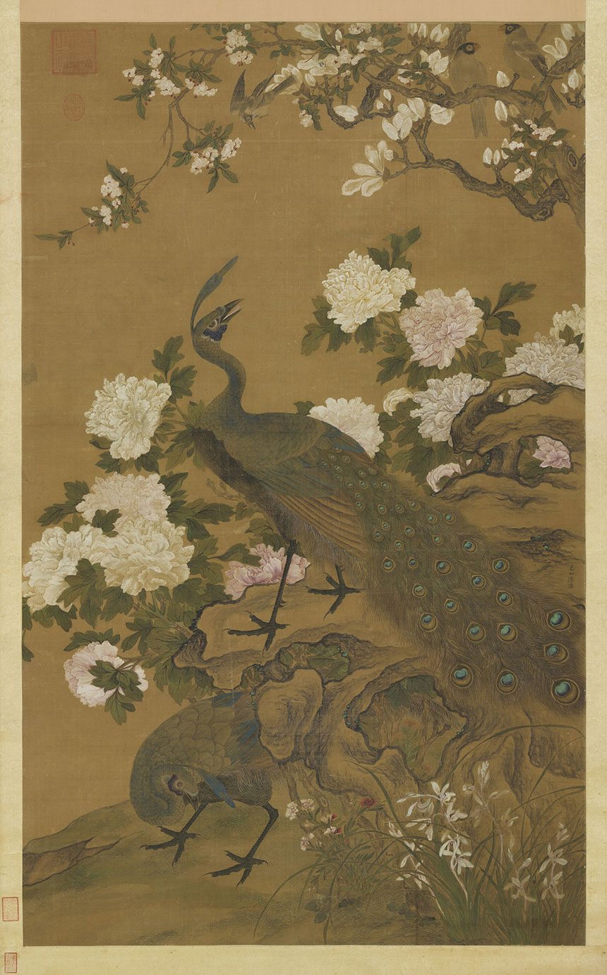 明·陆治《锦圃鸣春图》
绢本 立轴 设色 146x89.1厘米
台北故宫博物院藏