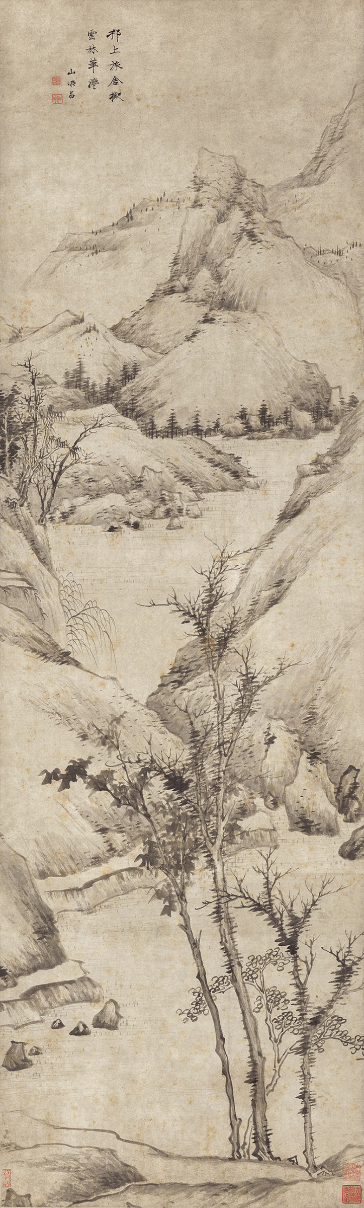 [清] 祝昌《仿倪云林山水》｜ 苔点皴染的留白魔术